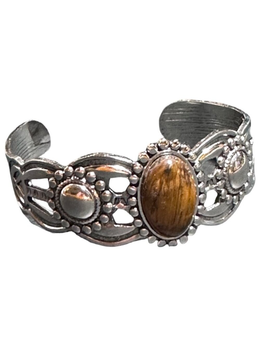Boho Style Cuff Bracelet Silver Tone Lucky Tigers Eye Center Womens Jewelry NWOT - Picture 3 of 6